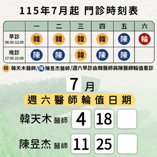 115年7月門診時間、週六輪值表