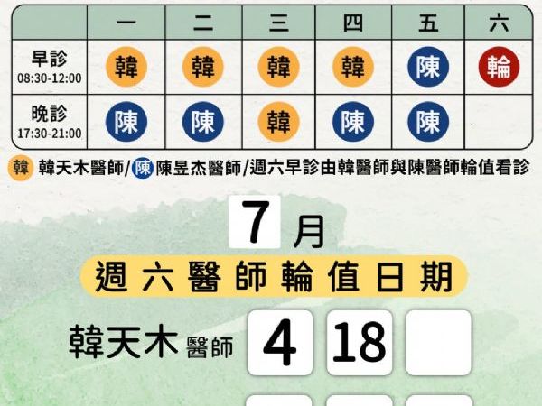 115年7月門診時間、週六輪值表